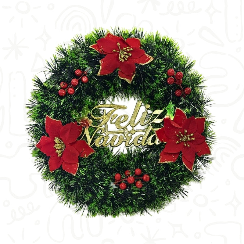 Corona Navideña con Flores Rojas y Letrero “Feliz Navidad”
