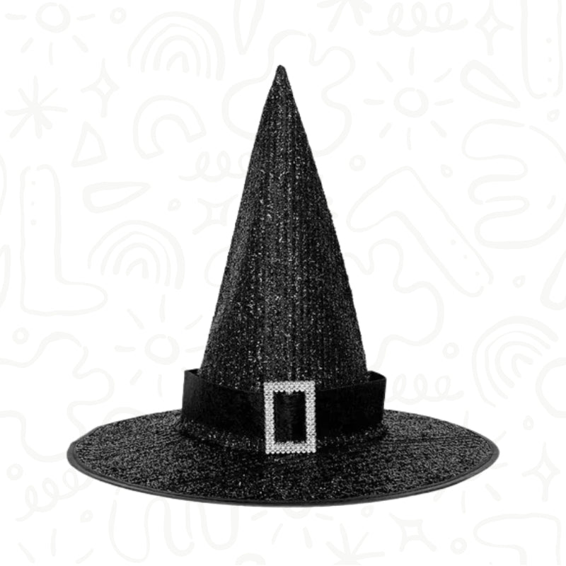 Sombrero de Bruja Negro con Brillos y Hebilla Plateada