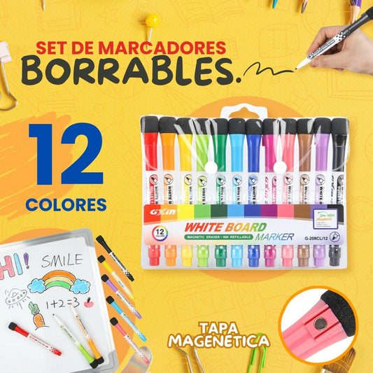 SET X 12 MARCADORES BORRABLES EN COLORES SURTIDOS, EMPAQUE TRANSPARENTE.