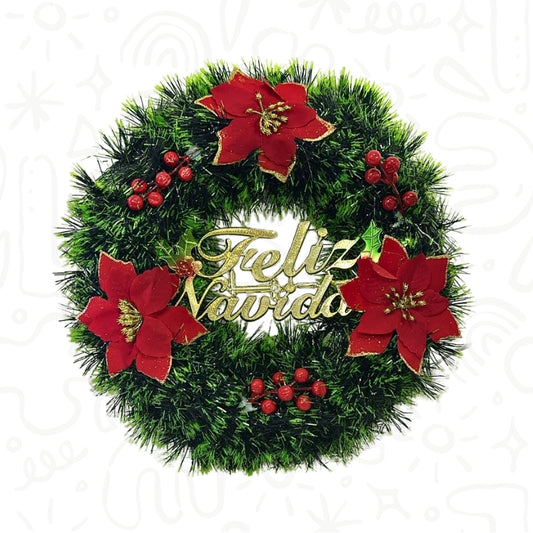 Corona Navideña con Flores Rojas y Letrero “Feliz Navidad”