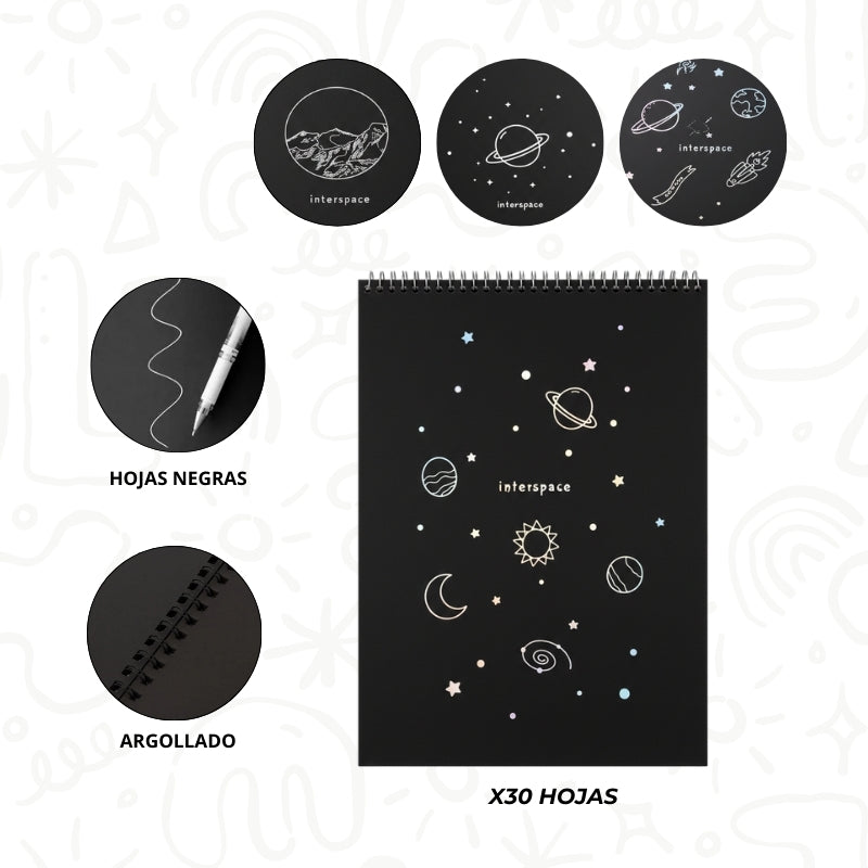 Agenda Galaxia con Hojas Negras Argollada x30 Hojas