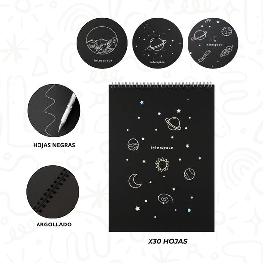 Agenda Galaxia con Hojas Negras Argollada x30 Hojas