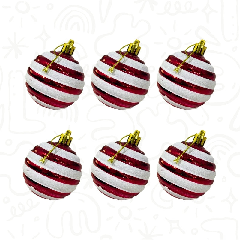 Set de Esferas Navideñas Rojas con Franjas Blancas Brillantes X6 UND