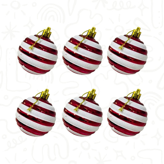 Set de Esferas Navideñas Rojas con Franjas Blancas Brillantes X6 UND