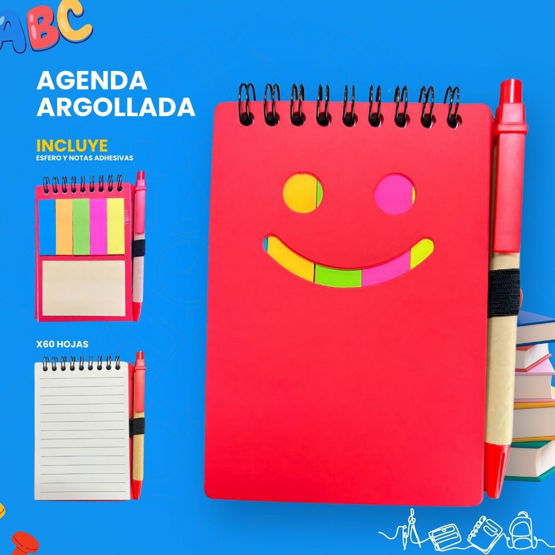 AGENDA ARGOLLADA X60 HOJA A RAYAS CON ESFERO Y TACOS DE NOTAS CON ADHESIVO