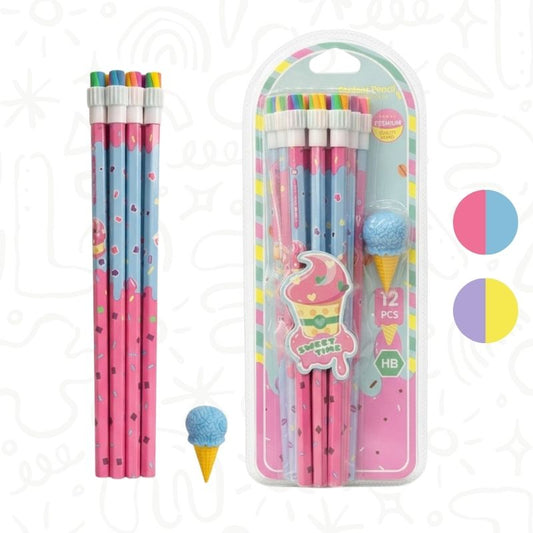 Set x12 Lápices con Borrador Diseño de Helado